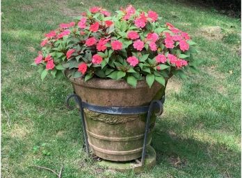 Cast Stone Planter With Live Floral Plants