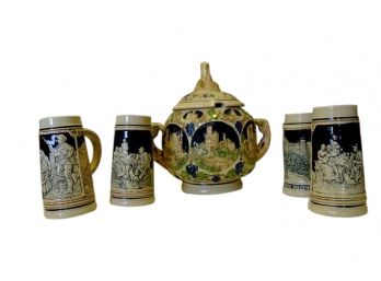 Vintage German Beer Pot With 4 Beer Steins