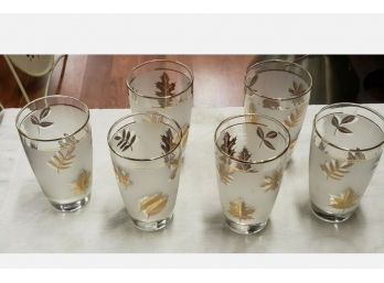 Lot Of 6 Mid Century Water Glasses ~ Gold Fall Leaf Design~ Circa  1940-65