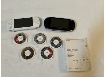 Pair Of Sony PSP Players With Five Assorted Games & Carrying Case