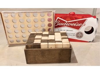 Collection Of Super Fun Yard Games Including Jenga, Connect 4, And A Budweiser Cornhole Set