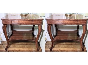 Pair Beautifully Finished Richly Grained Wooden End Tables With Shelves Drawers