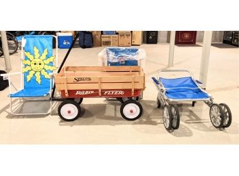 The Beach Essentials! A Classic Red Wagon. Brand New Unused Beach Chairs And A WinCo Rolling Chair