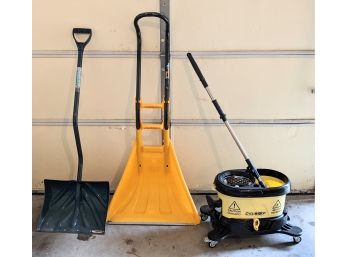 Useful Lot Of Well Made Snow Shovels - 54' Tall And A Professional Mop Bucket - 19x11x15'