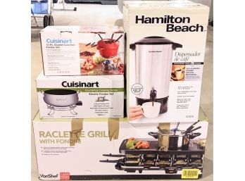 Assortment Of Used Kitchen Supplies Including A Coffee Dispenser, A Raclette Grill, And 3 Fondue Pots