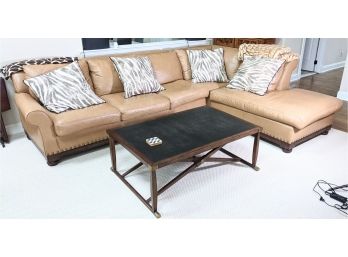 HUGE TAN LEATHER BLOOMINGDALES COUCH 2X10X3' AND COFFEE TABLE 36X48X18'COMBO