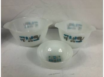 1960s Nesting Milk Glass Mixing Bowls With Enamel Embellishments - 3 Pieces