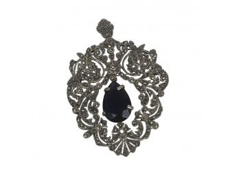 Vintage Amethyst, Sterling, And Marcasite Filigree Pendant Brooch, 29g