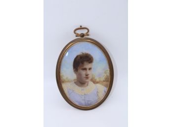 Antique Miniature Portrait In Oval Brass Frame