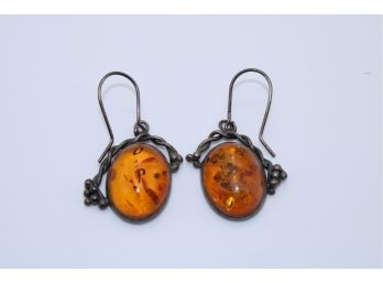 Vintage 1940s Sterling And Amber Earrings, 7.0g