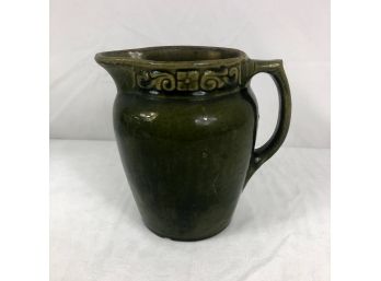 Antique Handmade Embossed Pottery Pitcher In Forest Green