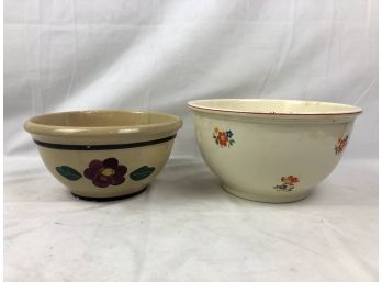 Antique Banded Stoneware Bowls Floral Motifs, The Kitchen Kraft And Watt Ovenware - 2 Pieces