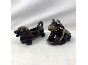 Vintage Figural Dachshund Creamer And Frog Sponge Holder - 2 Pieces