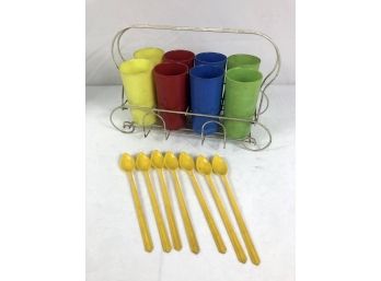 1940s Colorful Plastic Cups With Spoons And Carrying Tray