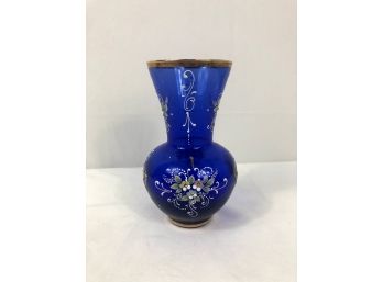 Vintage Italian Venetian Glass Halian Cobalt Hand Painted Vase, 7'