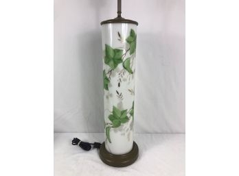 Vintage Hand Painted Ivy Cylindrical Milk Glass Lamp - 36' Tall!