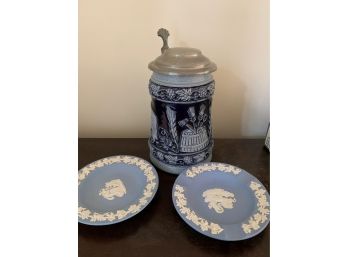 Blue Beer Stein And 2 Wedgewood Decorative Plates