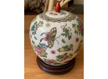 White Chinese Ginger Jar W/ Wooden Stand