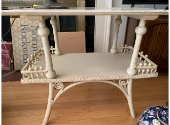 Vintage White Wicker And Wood Side Table