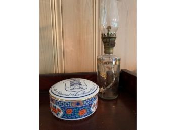 Air Force Theme Mini Oil Lamp And Vintage Tiffany Porcelain Jar