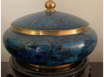 Cloissonne Blue Jar Floral Motif With Gold Colored Accents With Stand