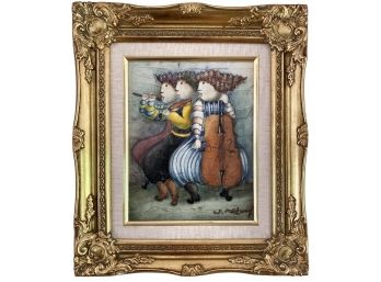 Artist Signed Renaissance / Folk Art Painting On Canvas With Gold Gilt Victorian Style Frame