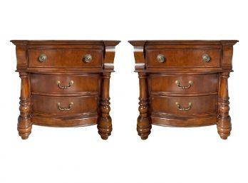 Pair Of Chippendale Style Reproduction Bedside Tables With Contrasting Border Inlay And Brushed Brass Knobs