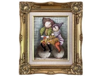 Artist Signed Renaissance / Folk Art Painting On Canvas With Gold Gilt Victorian Style Frame