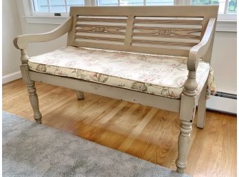 Farmhouse Bench Seat With Custom Floral Cushion And Pretty Rosette Detail