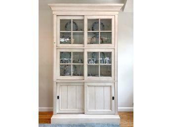 Beautiful White Farmhouse Chic Country Cupboard With A Pickled Finish, Sliding Doors And Recessed Lighting