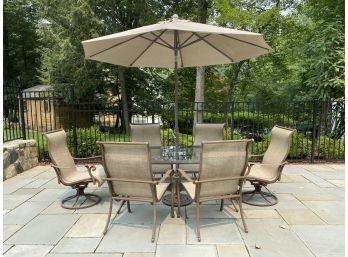 Metallic Bronze Coated Aluminum Glass Top Outdoor Patio Dining Set With 6 Chairs And Umbrella