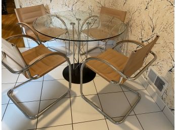 Euro Style Round Glass Top Metal Base Kitchen Table With Four ' Daniela ' Leather Chairs