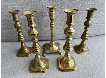 Set Of 5 Brass Tone Candlesticks