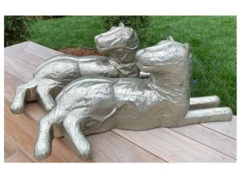 Pair Of Vintage  Tin Wrapped Lioness Sculptures