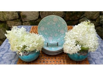 Set Of 6 Turquoise Shallow Bowls And 2 Round Vases