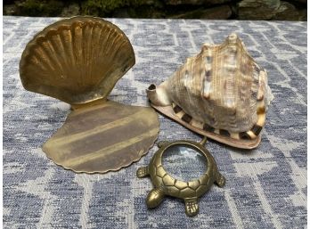 Brass Shell And Turtle Magnifier And Shell