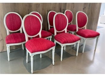 Set Of Louis XVI Style Chairs- White Washed Wood With Poppy Color Fabric