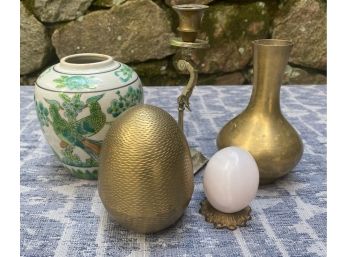 Brass Tone Grouping - Egg, Vase, Candlestick, Egg