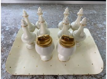 Set Of 8 Lenox Salt & Pepper Shakers And Pair Of Lighters With Cream And Gold Ceramic Tray