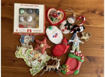 Mixed Lot Of Thread Ornaments, Felt, And Kitty Cat Ornaments