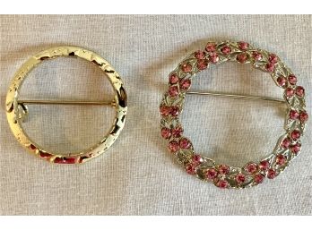 2 Round Vintage Pins One Gold Tone The Other In Silver With Pink Stones