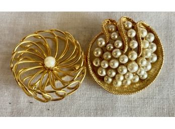 2 Very Pretty Gold Tone Pendents With Faux Pearls One Has ART On The Back