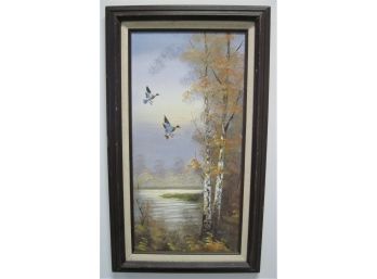 Vintage Autumn Landscape With Mallards In Flight Signed  Oil Painting