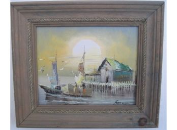 Signed Impressionist Nautical Harbor Seascape Oil Painting