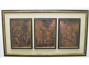 Judaica Signed 3 Panel Relief  Art