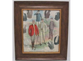 Antique 1899 Summer Spring Mens Fashion Framed Color Print Bicycle Tennis Golf Suits