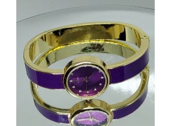 Purple & Gold Tone Hinged Bangle Watch