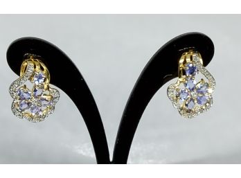 1.82CTW Tanzanite & 1/4 CTW Diamond Sterling Silver YG Overlay Earrings