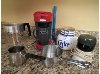 Coffee Lot Bella Single Serve Coffee Maker, Moulinex Grinder, Sm Pans And Glass Pot