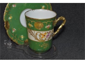 Limoges Hand Painted Cup Saucer Green, Saucer 4.5'